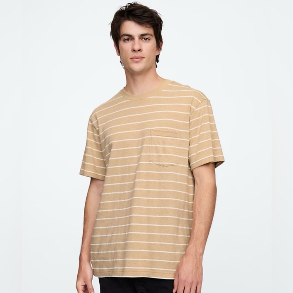 Texture-Stripe Original Pocket T-Shirt Men’s Large Khaki Tan And White